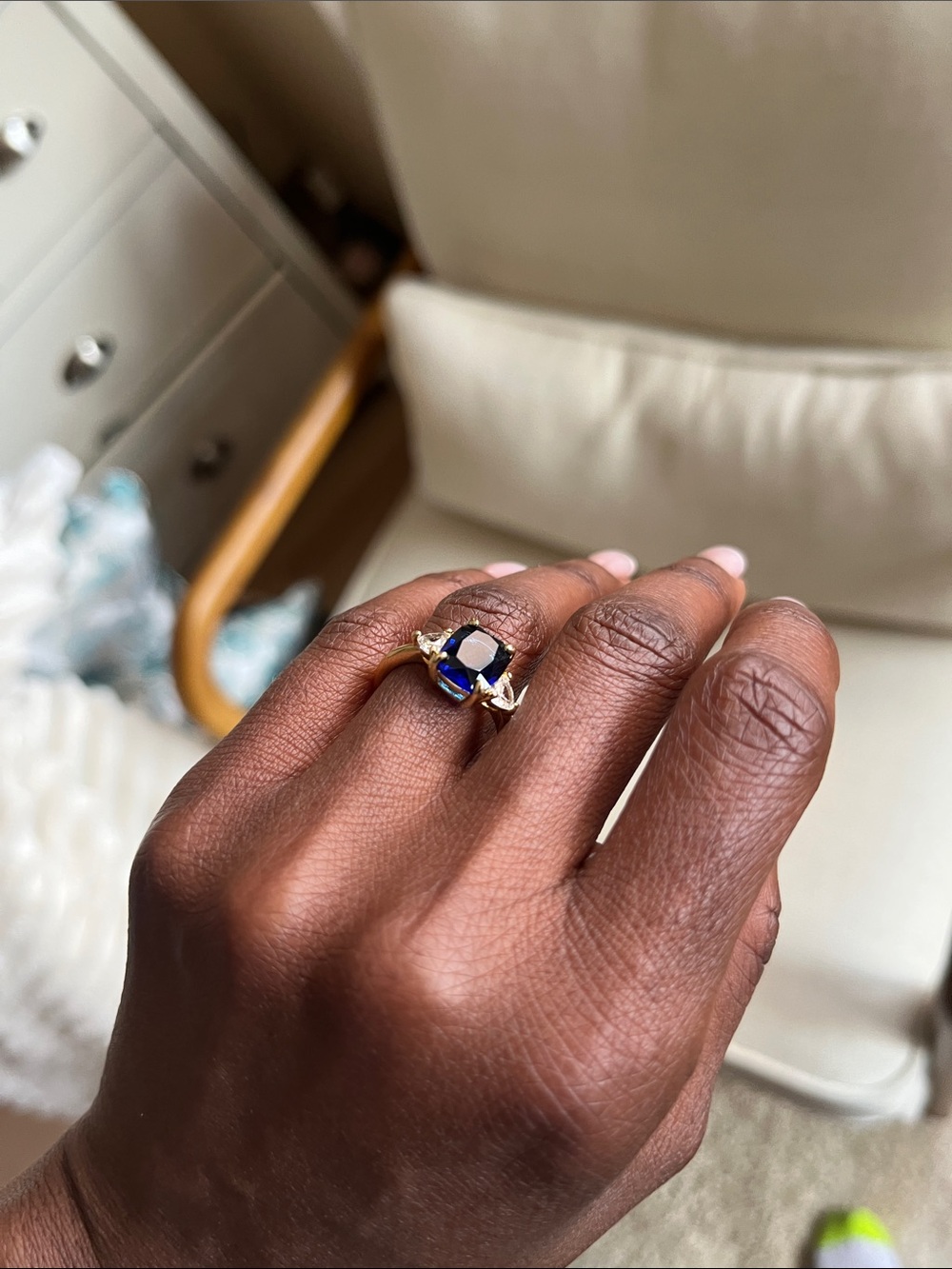 Gold Ring with Deep Blue Center Stone - Elegant Women's Jewelry